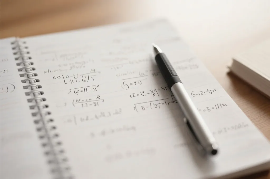 笔记本上写满了数学公式与统计学模型，旁边放着一支钢笔