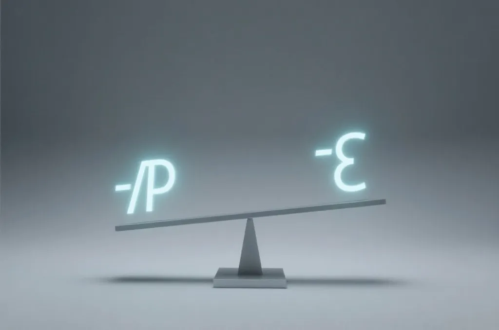 An abstract representation of probability and balance, a minimalist scale balancing glowing mathematical symbols, clean design, studio lighting